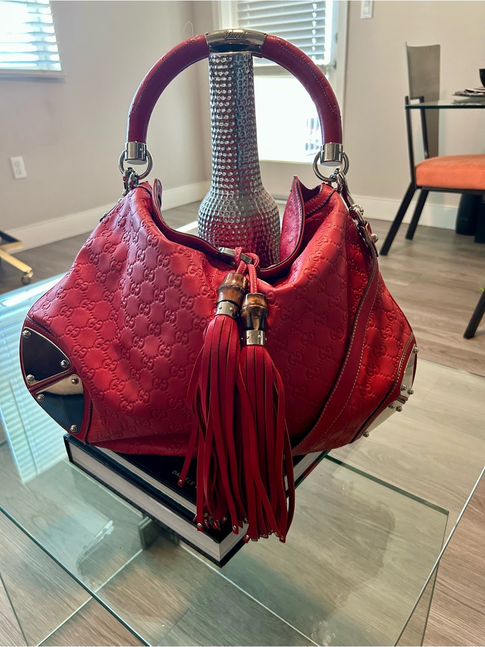 Gucci Red Embossed Leather Shoulder Bag with Tassel Details